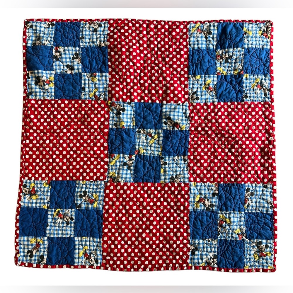Mickey Mouse Handmade Patchwork Square Baby Quilt Nursery Blue Red Polka Dot 29”